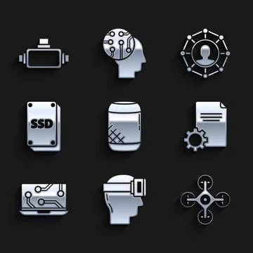 Set Voice assistant, Virtual reality glasses, Drone, File document, Laptop, SSD Ilustração Stock
