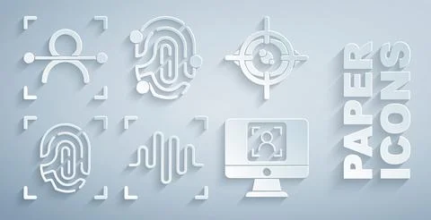 Set Voice recognition, Eye scan, Fingerprint, Face, and icon. Vector Stock Illustration