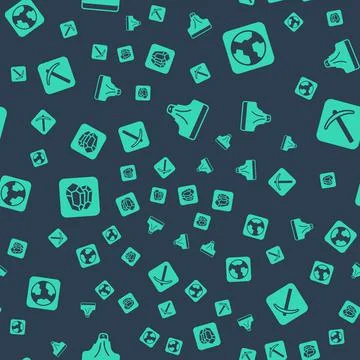 Set Volcano, Earth globe, Gem stone and Pickaxe on seamless pattern. Vector Stock Illustration