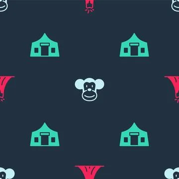 Set Volcano eruption, Monkey and Tourist tent on seamless pattern. Vector 스톡 일러스트