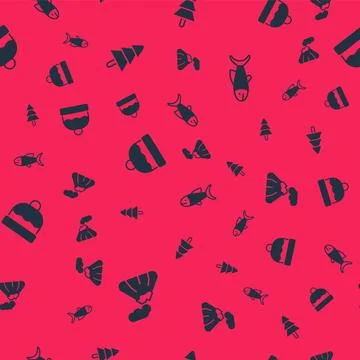 Set Volcano, Tree, Beanie hat and Fish on seamless pattern. Vector Illustrazione stock