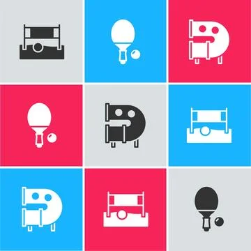 Set Volleyball net with ball, Racket and and Kid playground slide pipe icon.. Stock Illustration