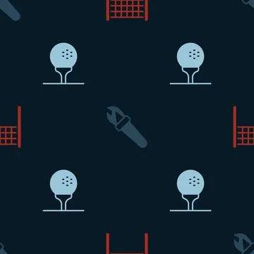 Set Volleyball net, Torch flame and Golf on tee on seamless pattern. Vector Stock Illustration