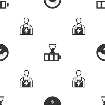 Set Voltmeter, Battery charge and Car mechanic on seamless pattern. Vector Stock Illustration