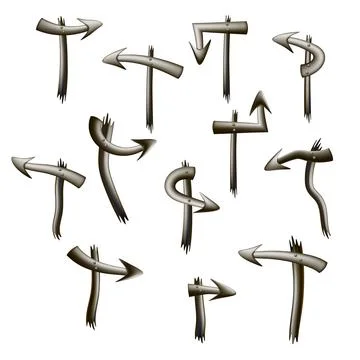 Set of volumetric metallic arrows pointers on pillar isolated on white. Stock Illustration