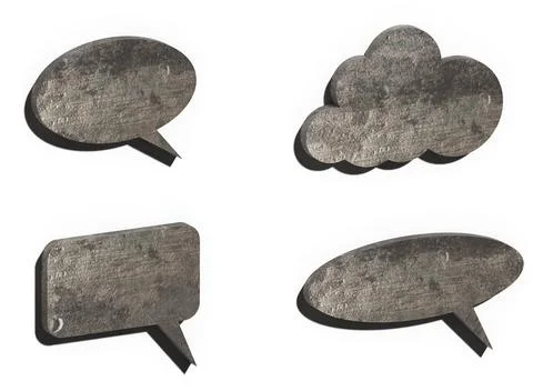 A set of volumetric speech bubbles made of metal with scratches on an isola.. Stock Photos