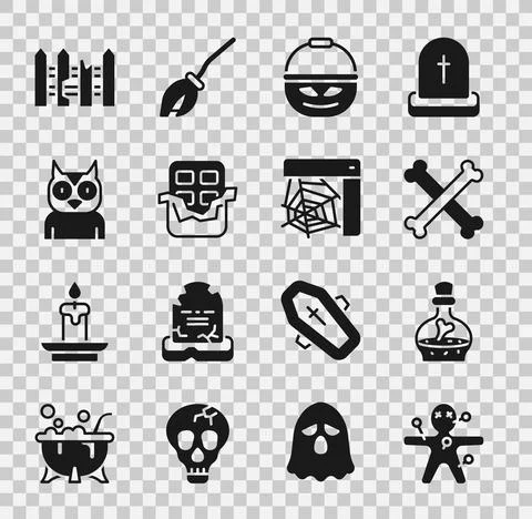 Set Voodoo doll, Bottle with potion, Crossed bones, Pumpkin basket for sweets Ilustração Stock