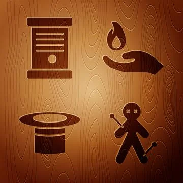 Set Voodoo doll, Decree, paper, parchment, scroll, Magician hat and Hand holding Ilustração Stock