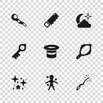 Set Voodoo doll, Magic hand mirror, wand, hat, Moon stars, staff, Hand saw .. Stock Illustration