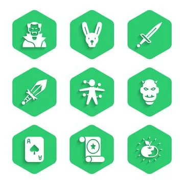 Set Voodoo doll, Magic scroll, Poison apple, Mask of the devil with horns 스톡 일러스트