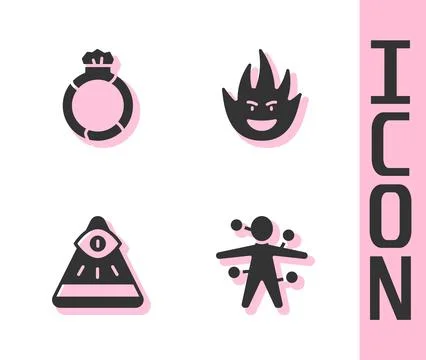 Set Voodoo doll, Magic stone ring with gem, Masons and Fire flame icon. Vecto Ilustração Stock