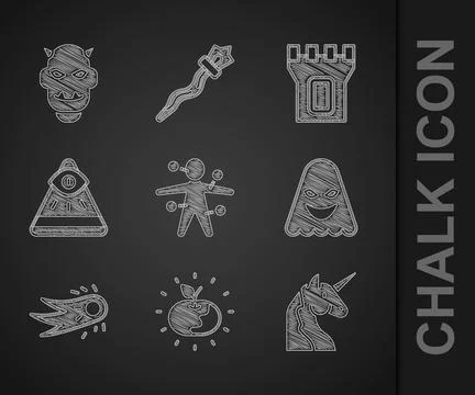 Set Voodoo doll, Poison apple, Unicorn, Ghost, Fireball, Masons, Castle tower Ilustración de archivo