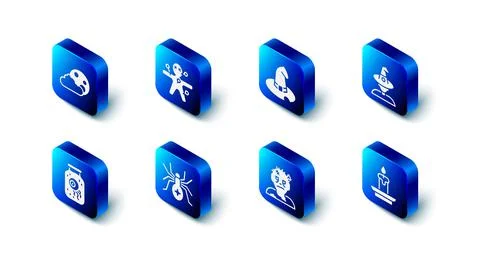 Set Voodoo doll, Witch hat, Burning candle, Zombie mask, Spider, Eye jar and 스톡 일러스트