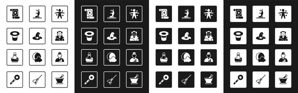 Set Voodoo doll, Witch hat, Magic, scroll, Vampire, Zombie hand, Wizard warlock Stock Illustration