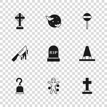 Set Voodoo doll, Witch hat, Tombstone with cross, RIP written, Lollipop, Mo.. Stock Illustration