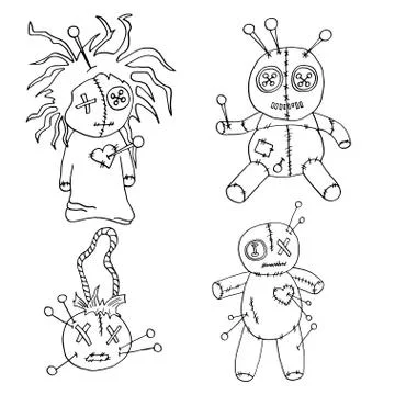 Set of voodoo dolls hand drawn. Stock Illustration