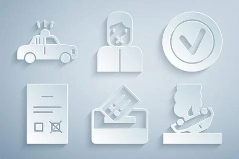 Set Vote box, Check mark in round, Poll document, Burning car, Censor and Ilustración de archivo