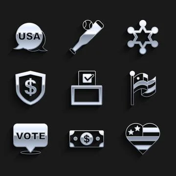 Set Vote box, Stacks paper money cash, USA Independence day, American flag 스톡 일러스트