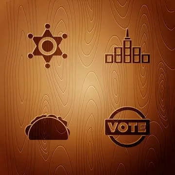 Set Vote, Hexagram sheriff, Taco with tortilla and City landscape on wooden Ilustración de archivo