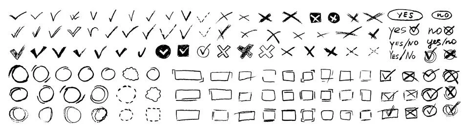 Set of voting elements. Yes or no signs and square, rectangular or round fields Stock Illustration