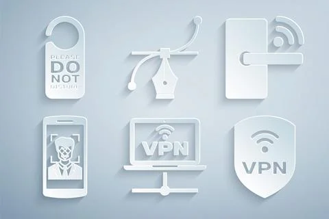 Set VPN Computer network, Digital door lock with wireless, Mobile and face Illustration