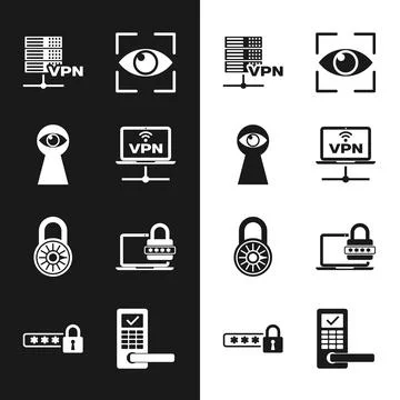 Set VPN Computer network, Keyhole with eye, Server, Eye scan, Safe combination Stock-Illustration