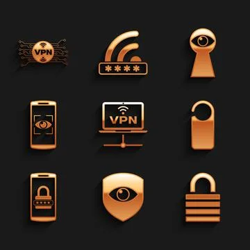 Set VPN Computer network, Shield and eye, Lock, Please do not disturb, Mobile Stock Illustration