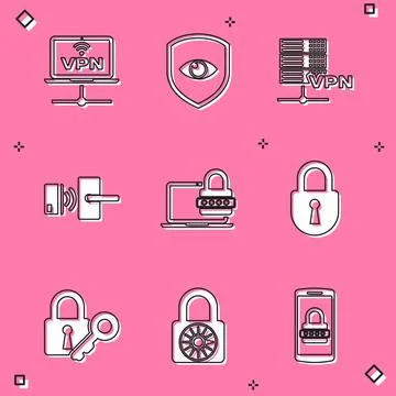 Set VPN Computer network, Shield and eye, Server, Digital door lock with Stock-Illustration