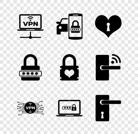 Set VPN Computer network, Smart car security system, Heart with keyhole Stockillustratie