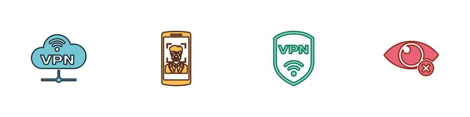 Set VPN Network cloud connection, Mobile and face recognition, Shield with 스톡 일러스트