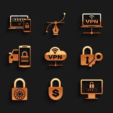 Set VPN Network cloud connection, Money lock, Monitor with password, Lock and Illustrazione stock