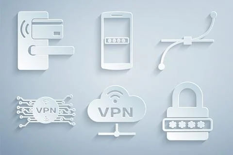 Set VPN Network cloud connection, Bezier curve, with microchip circuit, Password Stock Illustration