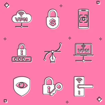 Set VPN Network cloud connection, Money lock, Mobile and eye scan, Password 库存插图