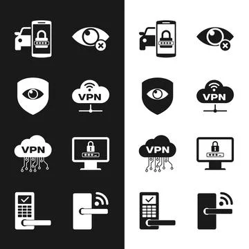 Set VPN Network cloud connection, Shield and eye, Smart car security system Stock Illustration