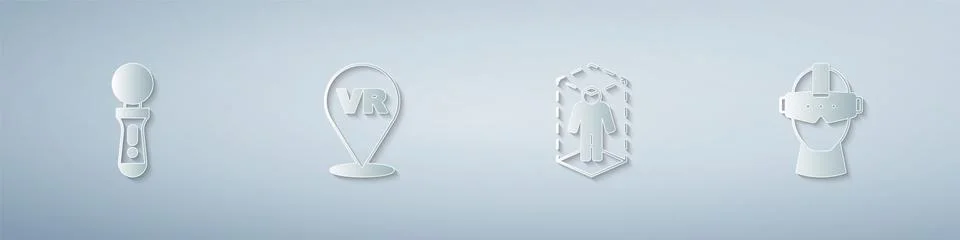 Set VR controller game, Virtual reality, 3d modeling and glasses. Paper art s Stock Illustration