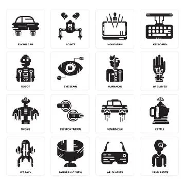 Set of Vr glasses, Ar Jet pack, Flying car, Drone, Humanoid, Robot, Hologram, Free Stock Illustration