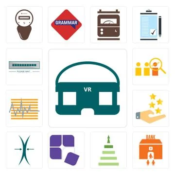 Set of vr headset, bank branch, next steps, adaptability, elastic, customer e Free Stock Illustration