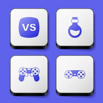 Set VS Versus battle, Bottle with magic elixir, Game controller or joystick and Illustrazione stock