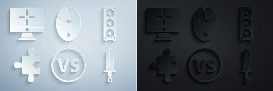 Set VS Versus battle, Stereo speaker, Piece of puzzle, Sword for game, Computer Illustrazione stock
