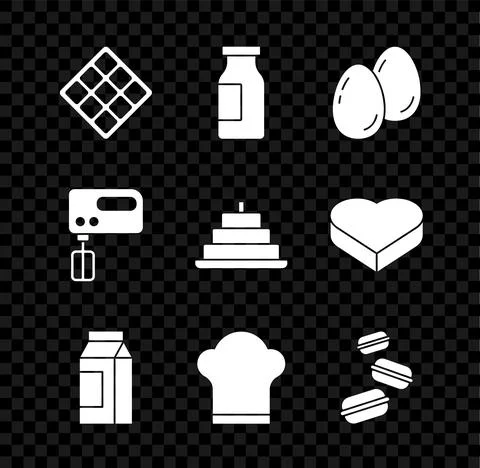 Set Waffle, Bottle with milk, Easter eggs, Paper package for, Chef hat, Macaron Stock Illustration
