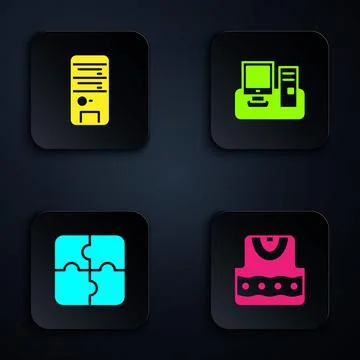 Set Waistcoat, Computer, Piece of puzzle and Monitor with keyboard. Black square イラスト素材