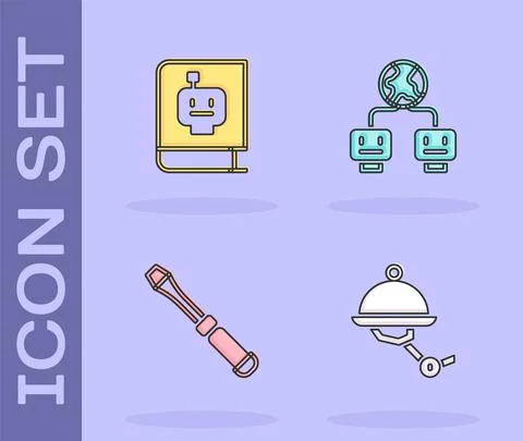 Set Waiter robot, User manual, Screwdriver and Artificial intelligence icon Stock Illustration