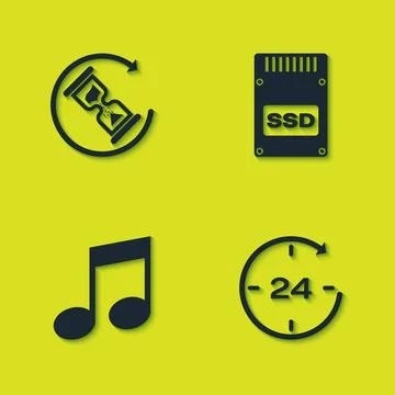 Set Waiting, Clock 24 hours, Music note, tone and SSD card icon. Vector 스톡 일러스트