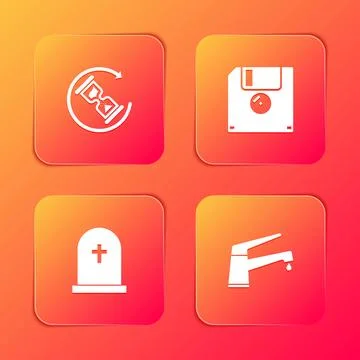 Set Waiting, Floppy disk, Tombstone with cross and Water tap icon. Vector Illustrazione stock