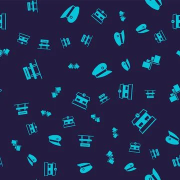 Set Waiting hall, Flag, Train driver hat and Railway station on seamless pattern Stock Illustration