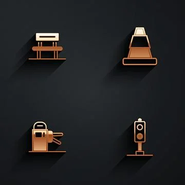 Set Waiting hall, Traffic cone, Turnstile and Train traffic light icon with long Stock Illustration