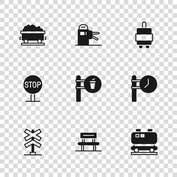 Set Waiting hall, Train station clock, Oil railway cistern, Cafe and restau.. Stock Illustration
