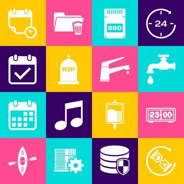 Set Waiting, Retro flip clock, Water tap, SSD card, Tombstone with RIP written Stock Illustration