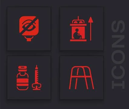 Set Walker, Blindness, Elevator for disabled and Syringe icon. Vector 스톡 일러스트