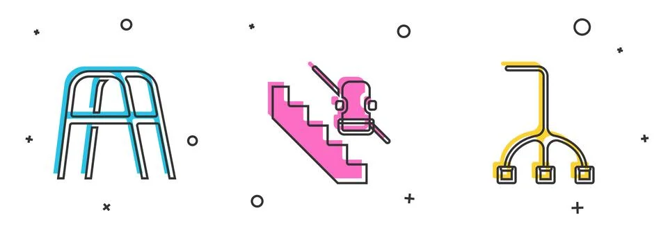 Set Walker, Disabled elevator and Walking stick cane icon. Vector Stock Illustration